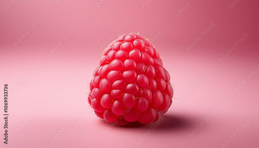 A ripe raspberry isolated against a soft pink background, showcasing its vibrant color and detail.