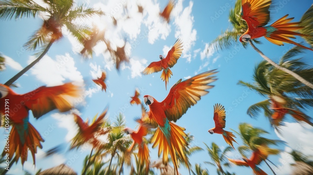 A flock of scarlet macaws fly through the air, soaring above a tropical beach with palm trees. A flock of scarlet macaws fly through the air, soaring above a tropical beach with palm trees.