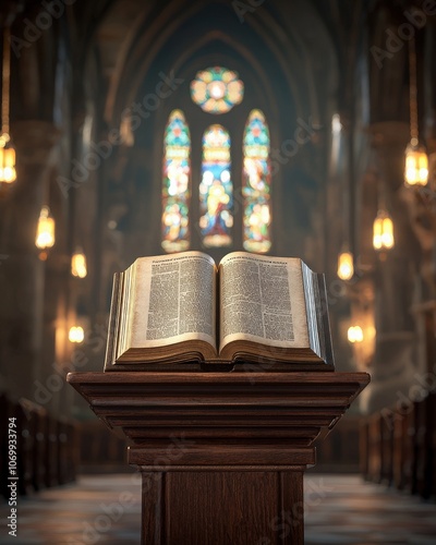 A close-up of a historical Bible on a wooden podium in a dimly lit Protestant church photo