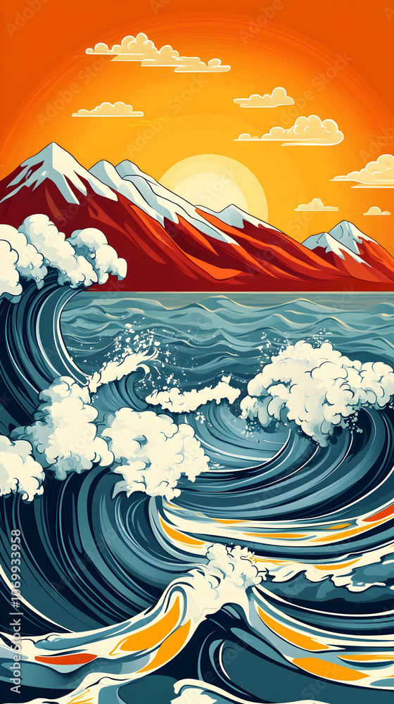 A dramatic sunset over a large wave breaking in the ocean with a mountain range in the background. A dramatic sunset over a large wave breaking in the ocean with a mountain range in the background.
