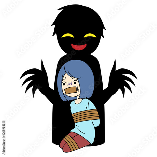 拘束される女性と犯人イメージの黒いシルエットの人物の素材