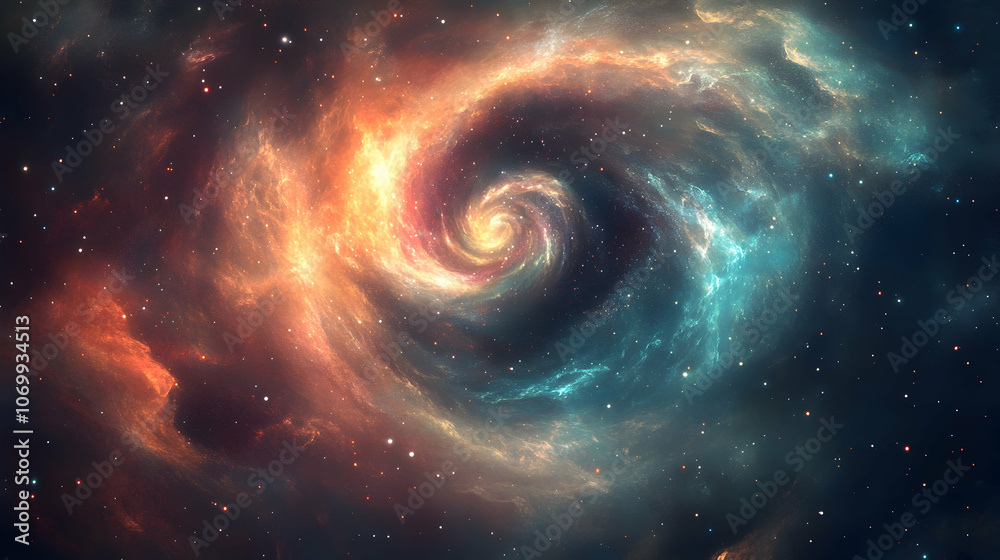 A swirling nebula of gas and dust in space, with colors of orange, blue, and white. A swirling nebula of gas and dust in space, with colors of orange, blue, and white.