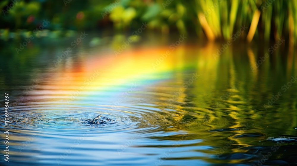 A small ripple on the surface of a still pond reflects a rainbow in the water. A small ripple on the surface of a still pond reflects a rainbow in the water.
