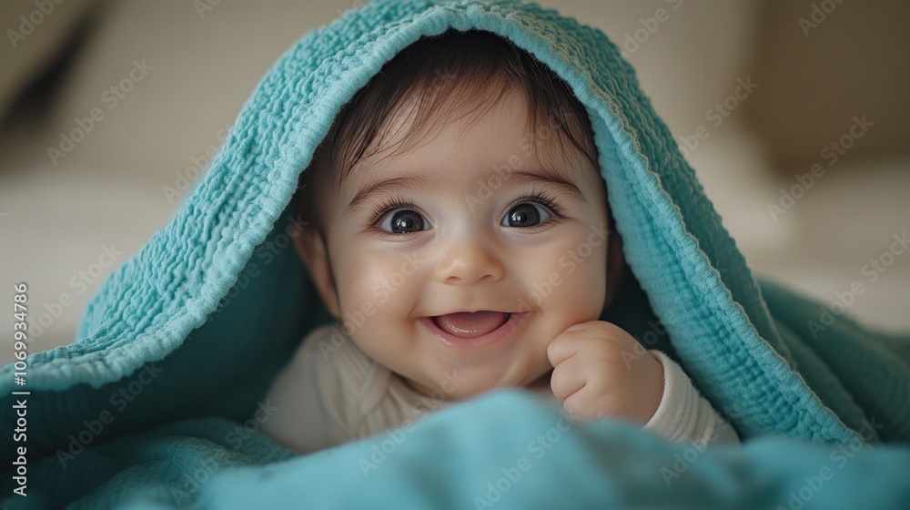 A happy baby girl with big brown eyes peeking out from under a blue blanket. A happy baby girl with big brown eyes peeking out from under a blue blanket.