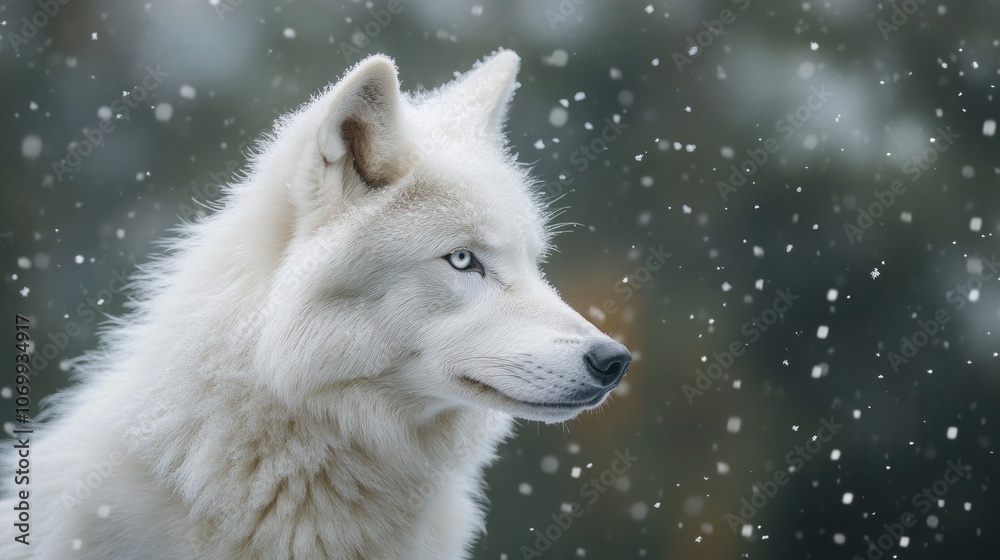 Obraz premium A majestic white wolf with piercing blue eyes looks to the side, with snow falling around it.
