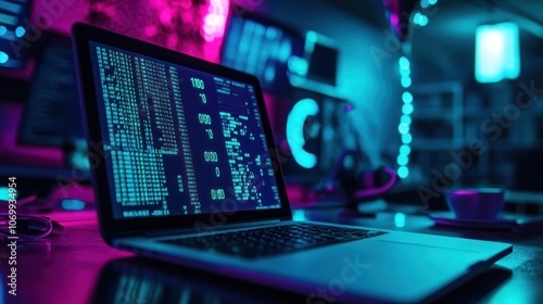 A laptop with a glowing screen displaying code sits on a desk with a cup of coffee and other electronic devices in a dimly lit room.