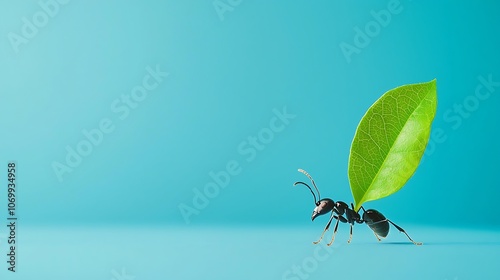 A small black ant is walking on a leaf