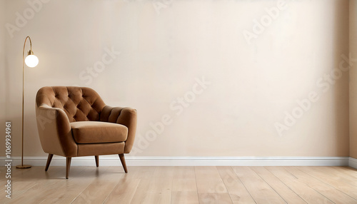 brown velvet soft armchair and grunge beige empty wall on background