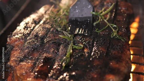 Juicy large piece of meat with branch of rosemary and spices is grilled. Picnic dinner is being prepared on coals and fire. cook spreads the sauce on meat with brush to add flavor