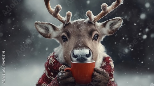 a reindeer drinking holding a cup with a hot cacao photo