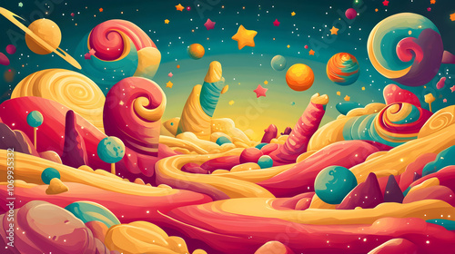 A whimsical, colorful landscape with swirling hills, planets, and stars.
