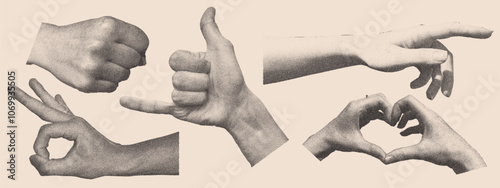 Set of human hands. Gesture signs. Vintage halftone stipple effect. Trendy collage elements in retro pop art style.