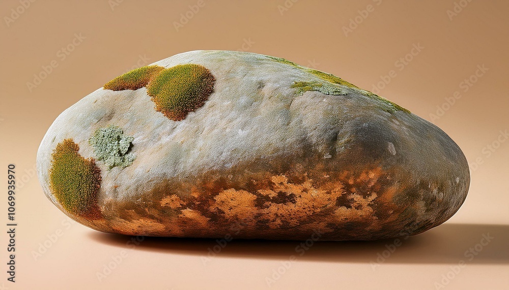 Obraz premium A smooth river rock with natural lichen spots isolated against a light tan background.