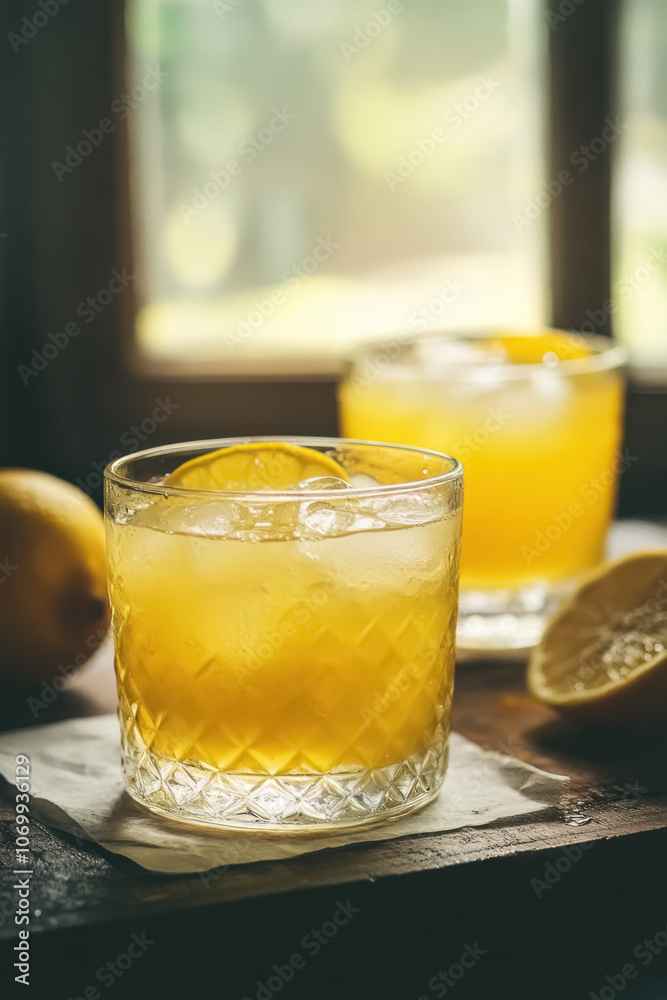 whiskey sour cocktail with lemon and ice in glass whiskey sour cocktail with lemon and ice in glass