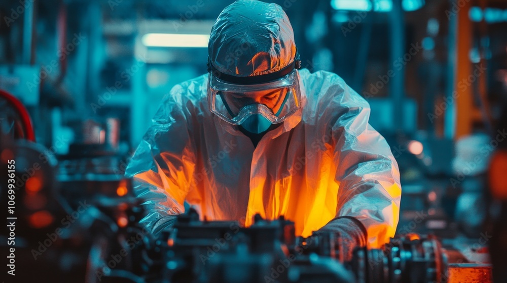 A skilled technician works diligently in a vibrant industrial setting. The colorful lighting highlights the intensity of the task at hand. Safety and precision are paramount. Generative AI A skilled technician works diligently in a vibrant industrial setting. The colorful lighting highlights the intensity of the task at hand. Safety and precision are paramount. Generative AI