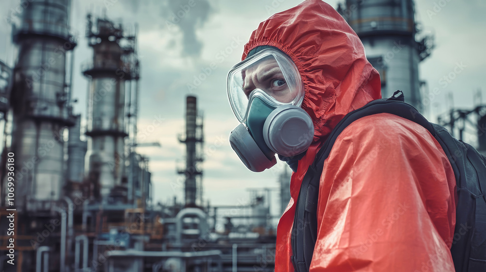 Portrait of an industrial worker in protective suit and mask at a chemical plant during overcast weather Portrait of an industrial worker in protective suit and mask at a chemical plant during overcast weather