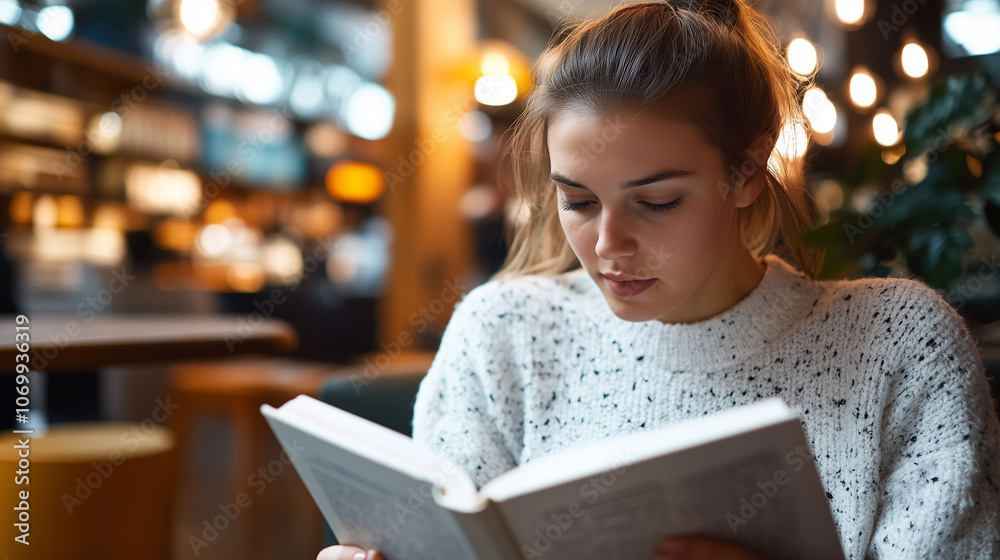 Woman Reading Book in Cozy Cafe Surrounded by Plants Woman Reading Book in Cozy Cafe Surrounded by Plants