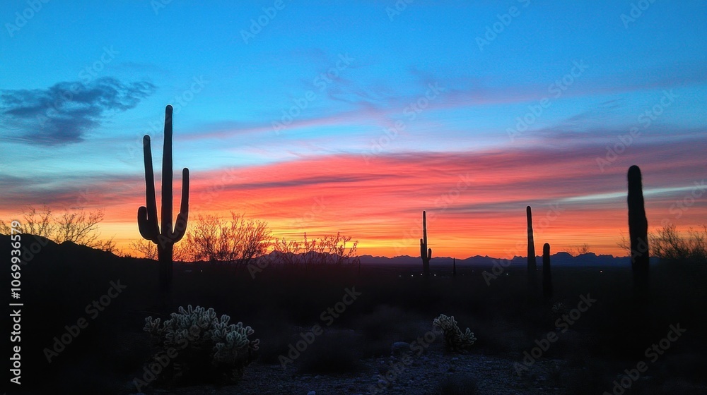 A vibrant sunset over a desert landscape with silhouetted cacti and colorful skies. A vibrant sunset over a desert landscape with silhouetted cacti and colorful skies.