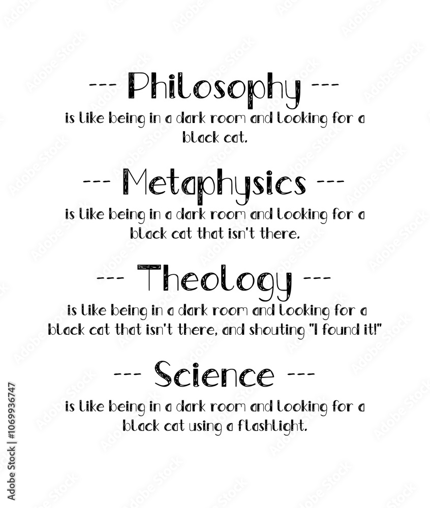 The Black Cat Analogy as difference between Philosophy, Metaphysics, Theology and Science. Funny text art illustration science vs religion comparison concept. Creative banner design The Black Cat Analogy as difference between Philosophy, Metaphysics, Theology and Science. Funny text art illustration science vs religion comparison concept. Creative banner design