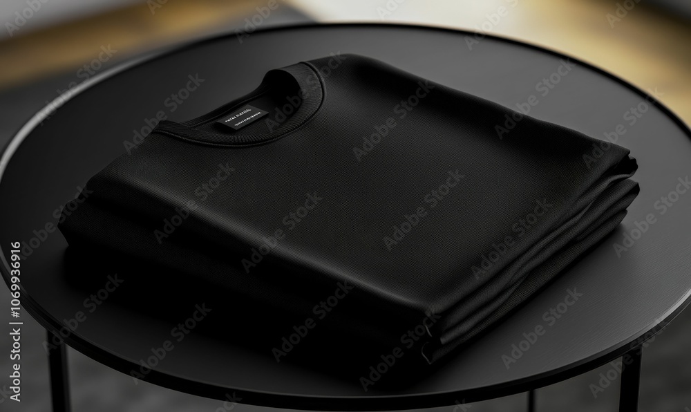 Folded black t-shirt on a black table. Folded black t-shirt on a black table.