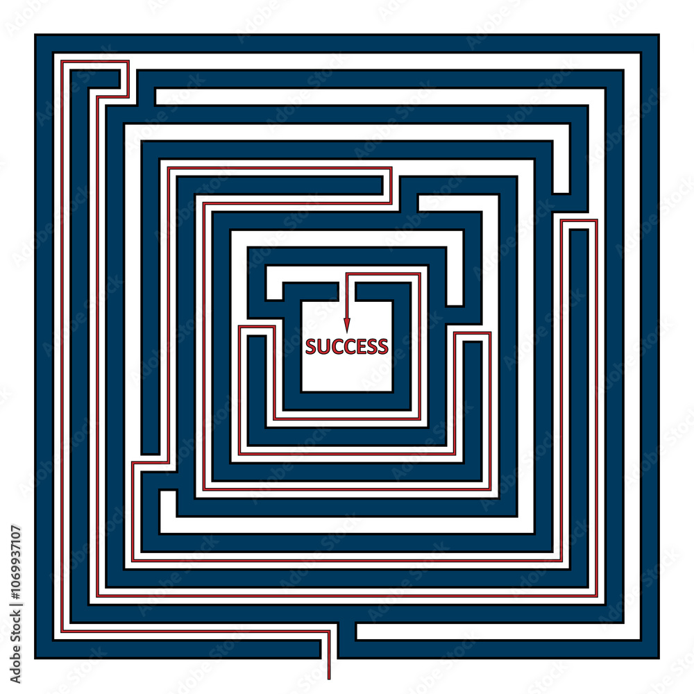 Maze with a path leading to the center. The journey to success through a complex labyrinth Maze with a path leading to the center. The journey to success through a complex labyrinth