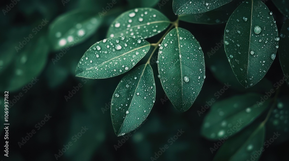 Close-up of green leaves with water droplets, showcasing nature's beauty and freshness. Close-up of green leaves with water droplets, showcasing nature's beauty and freshness.