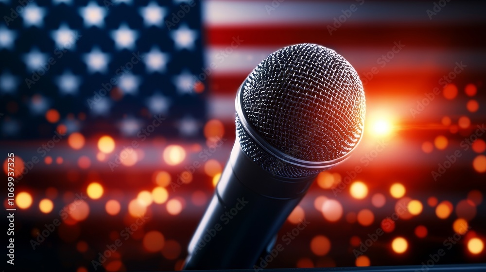 A confident presidential candidate, close-up at the podium, passionately addressing the audience, vivid American flag backdrop, patriotic lighting A confident presidential candidate, close-up at the podium, passionately addressing the audience, vivid American flag backdrop, patriotic lighting