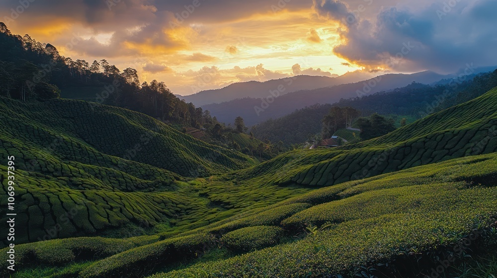 Obraz premium Scenic view of lush green hills under a colorful sunset sky.