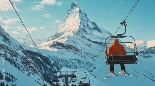 An aerial view of a worker conducting maintenance on a ski lift, with a breathtaking snow-covered mountain photo