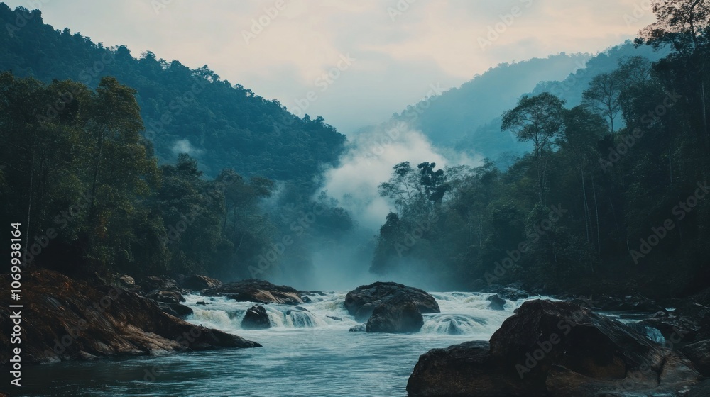 Naklejka premium A serene river flows through a misty forested landscape, evoking tranquility and nature's beauty.