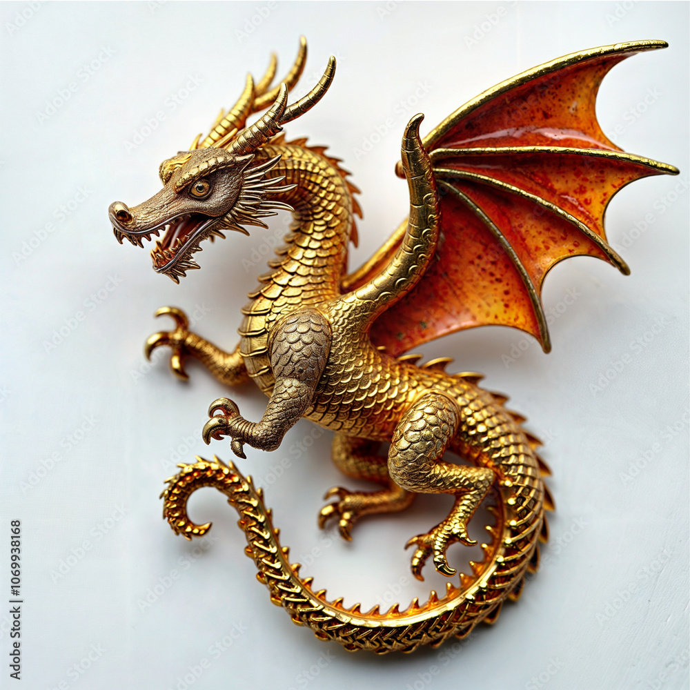 Fototapeta premium Gold dragon figurine. White background 