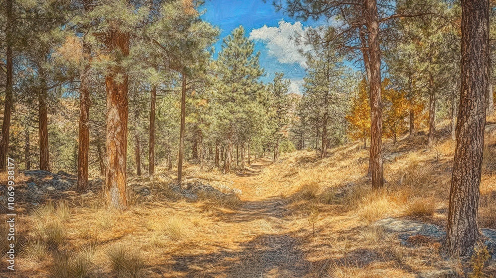 Fototapeta premium A serene forest path surrounded by tall trees and golden grass under a blue sky.