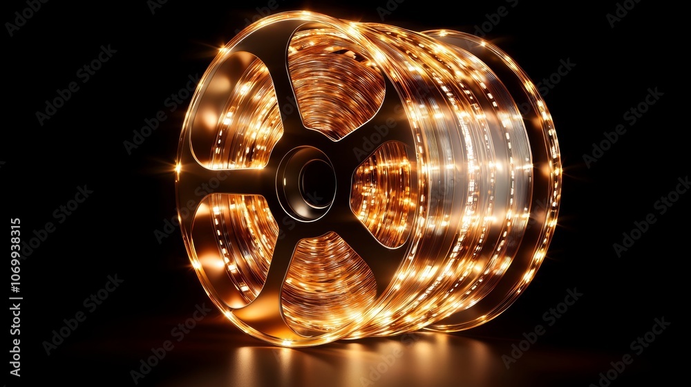Artistic portrayal of a classic movie reel in metallic hues, filmstrip winding dynamically to symbolize storytelling, perfect for event branding Artistic portrayal of a classic movie reel in metallic hues, filmstrip winding dynamically to symbolize storytelling, perfect for event branding