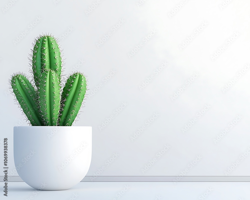 A small green cactus is in a white pot on a white background A small green cactus is in a white pot on a white background