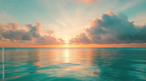 A serene ocean sunset with colorful clouds reflecting on calm waters.