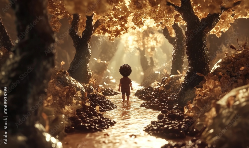 A lone child walks through a golden forest. A lone child walks through a golden forest.