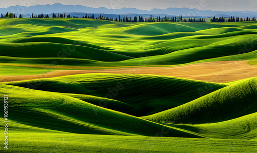 Rolling green hills with a line of trees in the distance and mountains in the background.