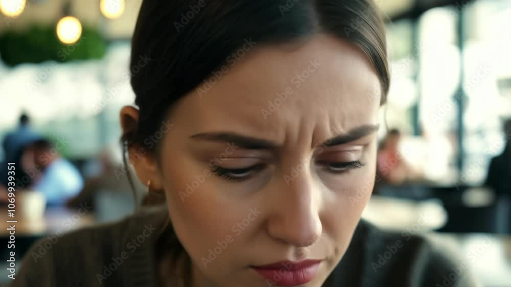 Contemplative expressions of young woman in busy cafe setting Contemplative expressions of young woman in busy cafe setting