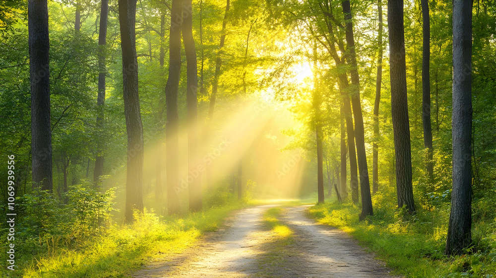 Sunbeams illuminate a path through a lush, green forest. Sunbeams illuminate a path through a lush, green forest.