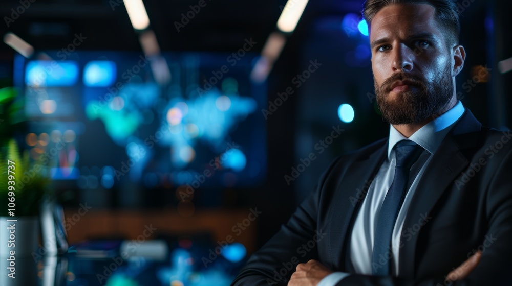 Confident man in a suit poses thoughtfully in a modern office with digital displays showcasing global data Confident man in a suit poses thoughtfully in a modern office with digital displays showcasing global data