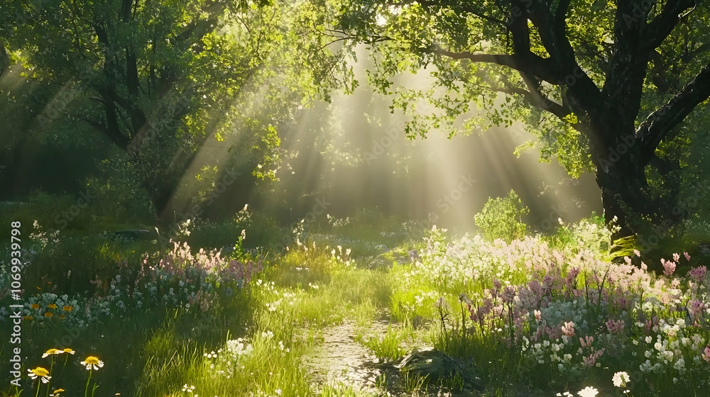 Sunbeams illuminate a path through a lush forest with wildflowers. Sunbeams illuminate a path through a lush forest with wildflowers.
