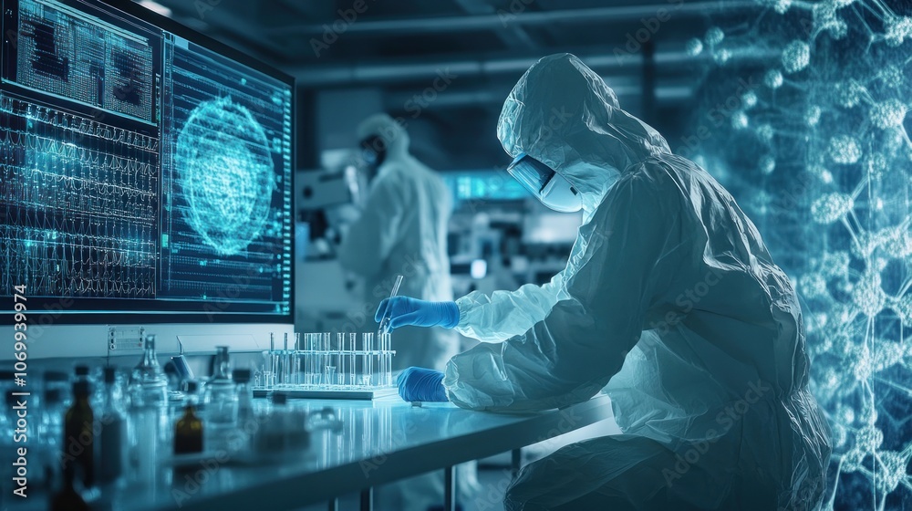 A scientist in protective gear conducts research in a high-tech laboratory. A scientist in protective gear conducts research in a high-tech laboratory.