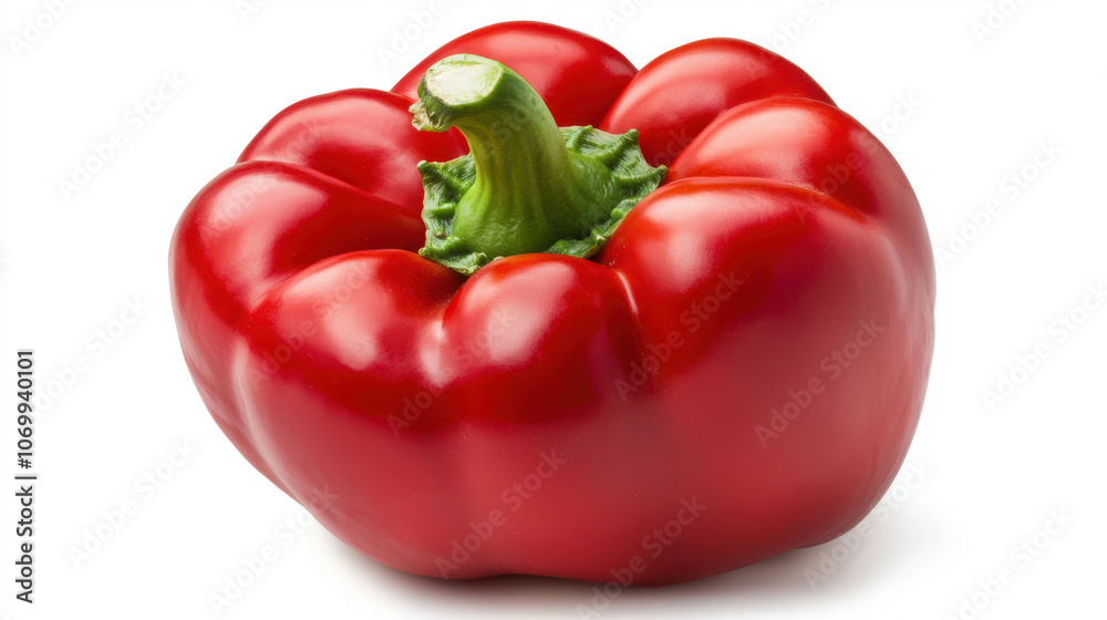 A bright red bell pepper with a green stem, showcasing its vivid color and smooth texture, ideal for culinary dishes and healthy eating. A bright red bell pepper with a green stem, showcasing its vivid color and smooth texture, ideal for culinary dishes and healthy eating.