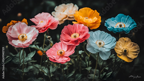 Colorful poppy flowers blooming in a field, with a dark background.