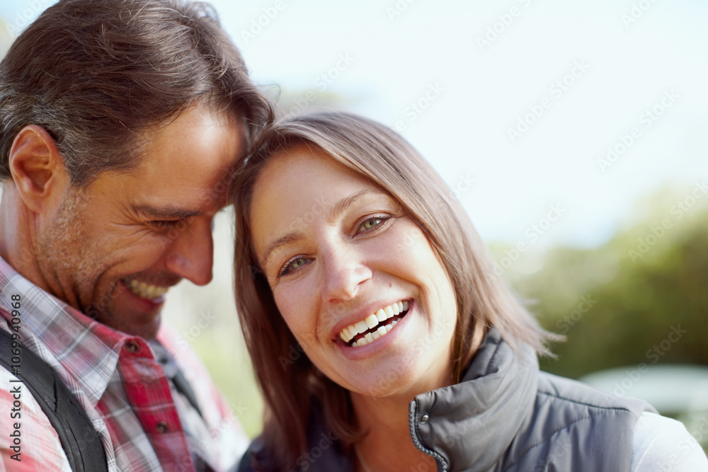 Break, smile or couple in nature for hiking, outdoor adventure or travel journey in woods. Love, laughing or happy people in forest to relax together for holiday vacation or trekking to explore park Break, smile or couple in nature for hiking, outdoor adventure or travel journey in woods. Love, laughing or happy people in forest to relax together for holiday vacation or trekking to explore park