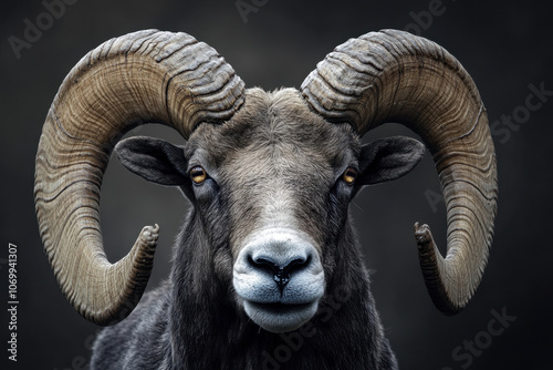 Close-up of a majestic ram with impressive spiraled horns, staring intently against a dark background, highlighting the texture and strength of its features.