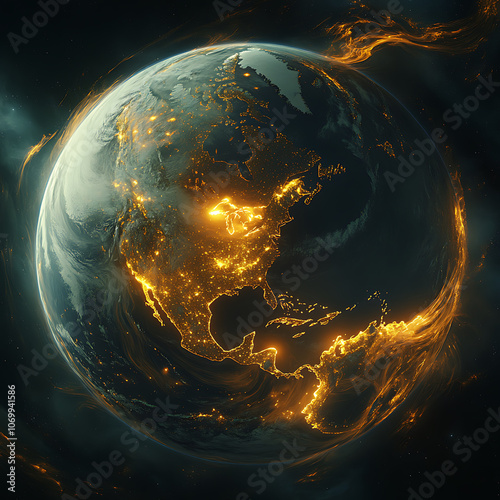 stunning view of Earth from space, showcasing illuminated continents and vibrant colors. image captures beauty of our planet, emphasizing contrast between land and ocean