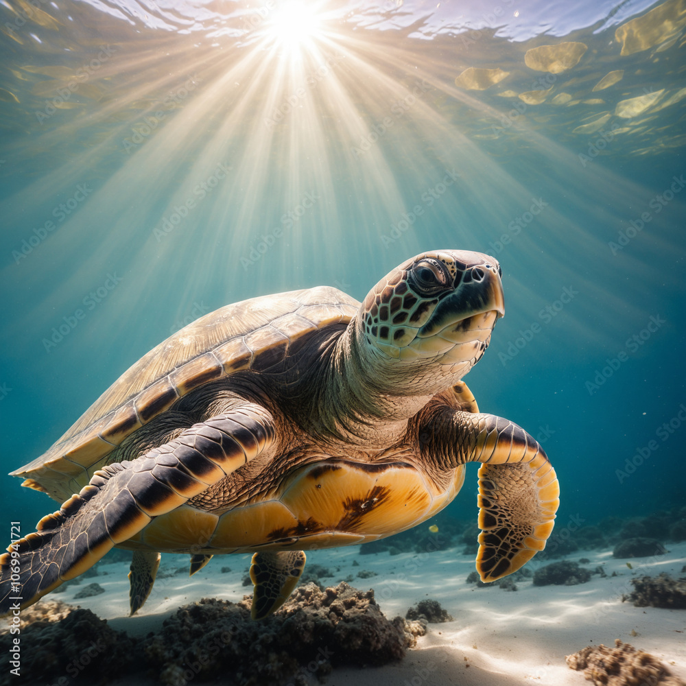 Obraz premium A majestic sea turtle swimming gracefully through the ocean, illuminated by a beam of sunlight. The image showcases the beauty and tranquility of marine life.