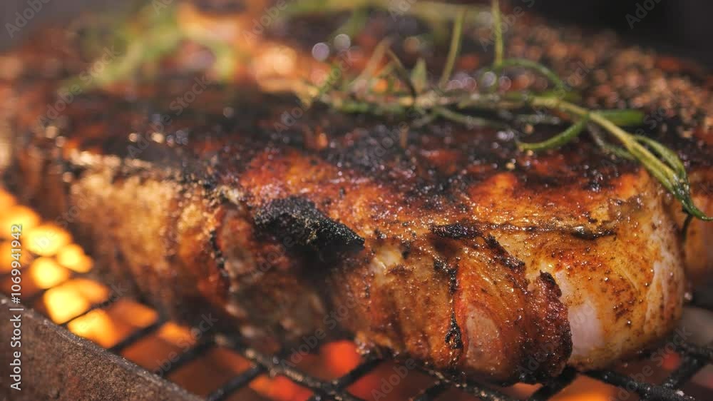 Grilled BBQ beef steaks cooked on charcoal for summer and spring barbecue parties outdoors.  juicy delicious piece of pork meat with rosemary is grilled. Close-up