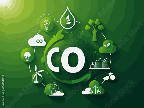 The concept of reduce co2 emission using clean energy and reduce climate change problem with relate icon on green environment background for web banner.